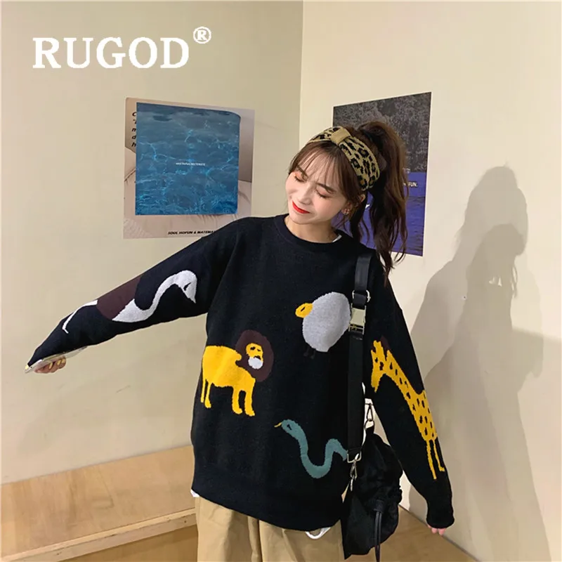 RUGOD/2019 новый зимний теплый черный женский свитер-пуловер с изображением животных