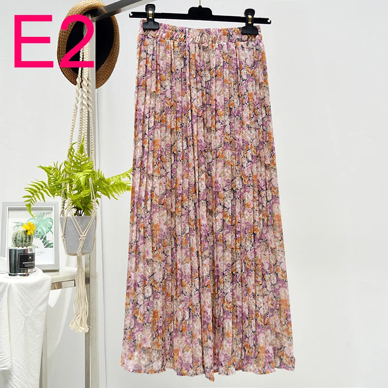 

New summer women's Retro printed chiffon pleated skirt elastic high waist leisure MIDI skirt women's clothing long skirt