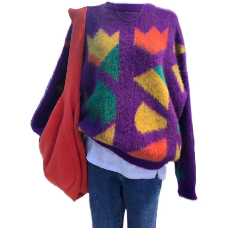 

Yocalor O-neck Colorful Abstract Pattern Knitted Femme Sweaters 2020 Fashion Chic Autumn Tops Women Long Sleeve Casual Pullovers