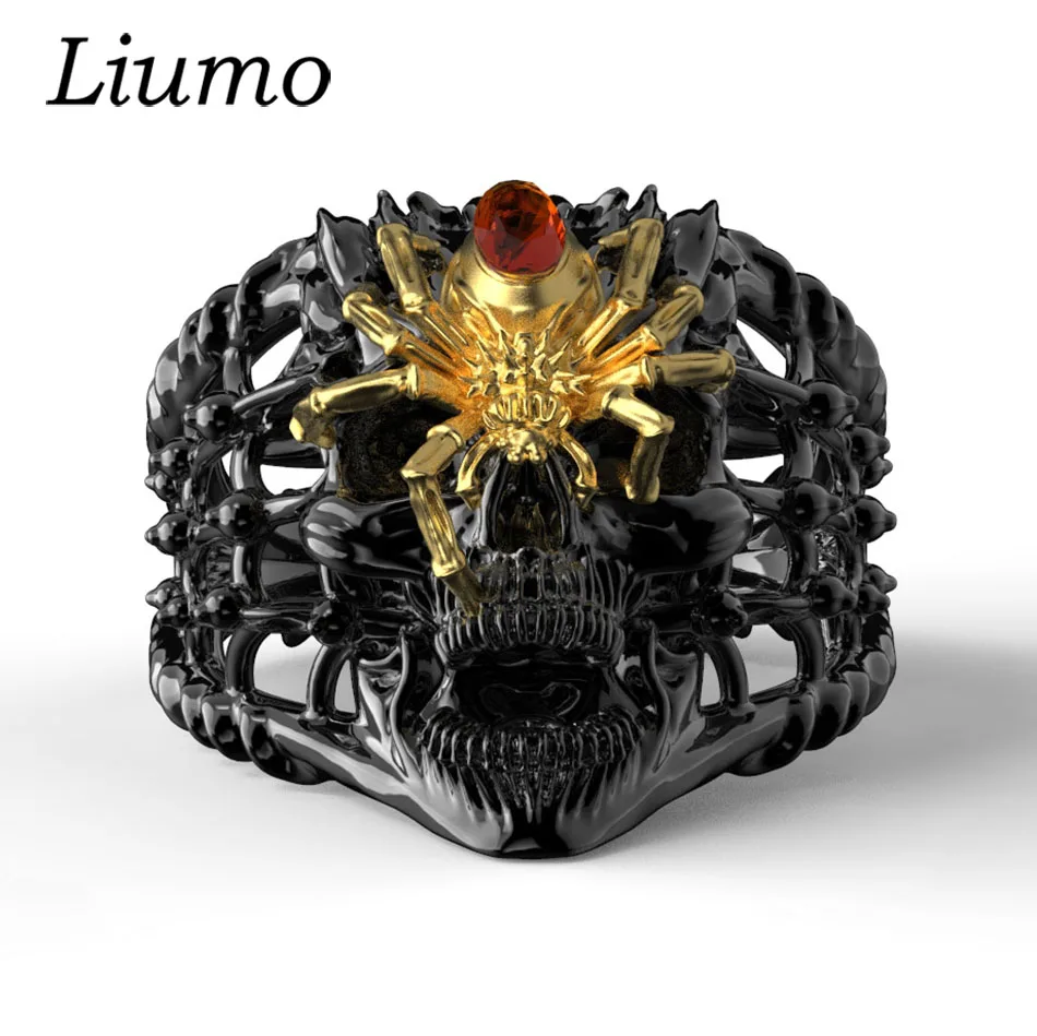 Liumo Punk Style Gold Color Dragon Skull with Red Crystal Spider Hip Hop Rock Copper Alloy Men Fashion Biker Ring Lr849 | Украшения и