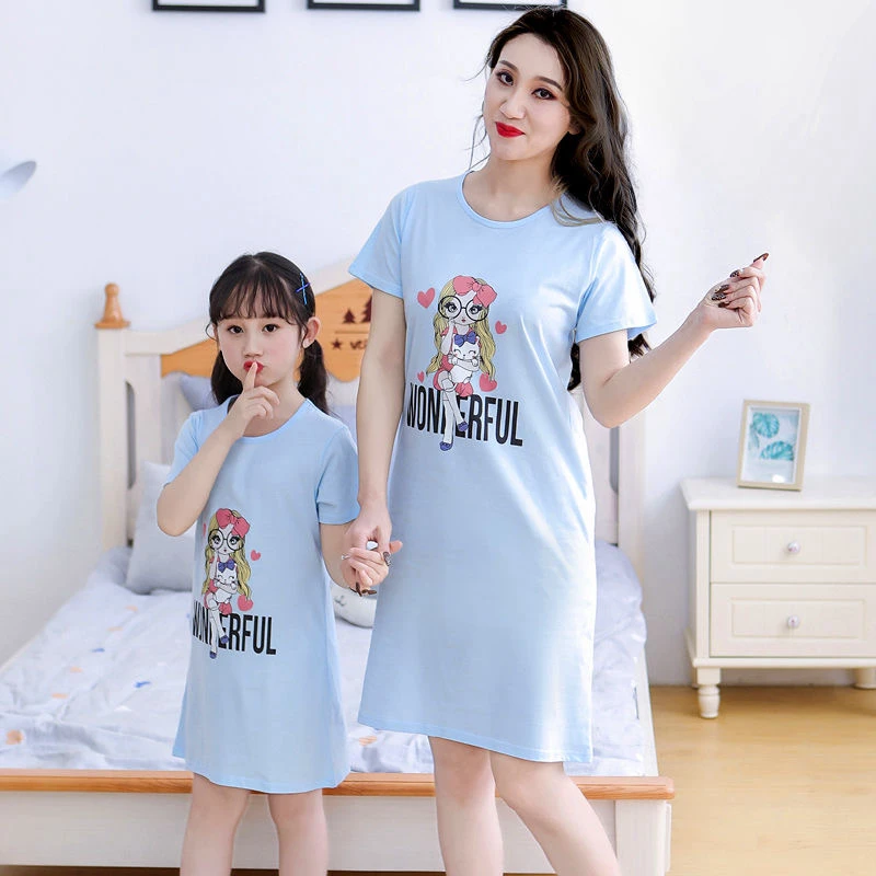 Mother Kids Pajamas Family Matching Clothes Mom Daughter Nightgowns Summer Cotton Night Dress Girls Women Nightwear Sleepshirts | Мать и