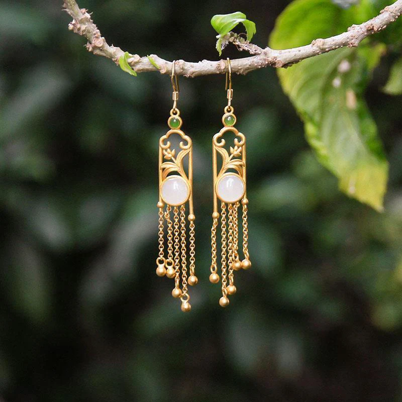 

New design natural Hetian white jade round magnolia fringed long earrings Chinese bright retro ladies brand jewelry