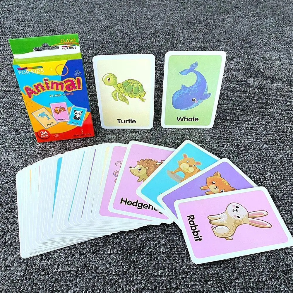 

36 Cards In A Box Flash Card Teaching Aids Animal Fruit Cards English Flash Match Word Learning Educational Picture Game To F5K4