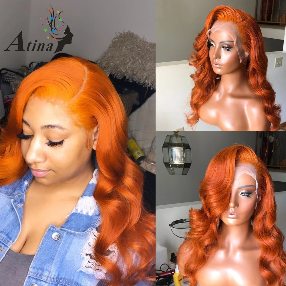 Оранжевого цвета человеческие волосы на кружеве парики 13x6 глубокая часть