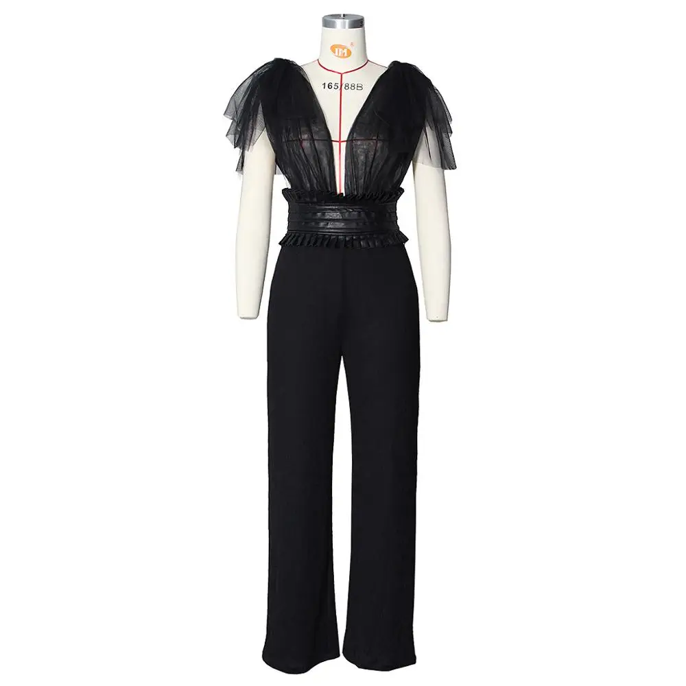 

See Through Mesh Sexy Nightclub Jumpsuits Deep V Bowknot Top Pu Sashes Black Elegant Party White Romper Women Casual Overalls