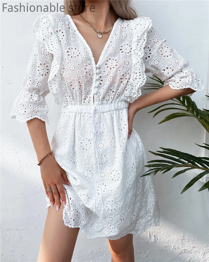 

Женское повседневное ТРАПЕЦИЕВИДНОЕ ПЛАТЬЕ С V-образным вырезом и вышивкой на пуговицах