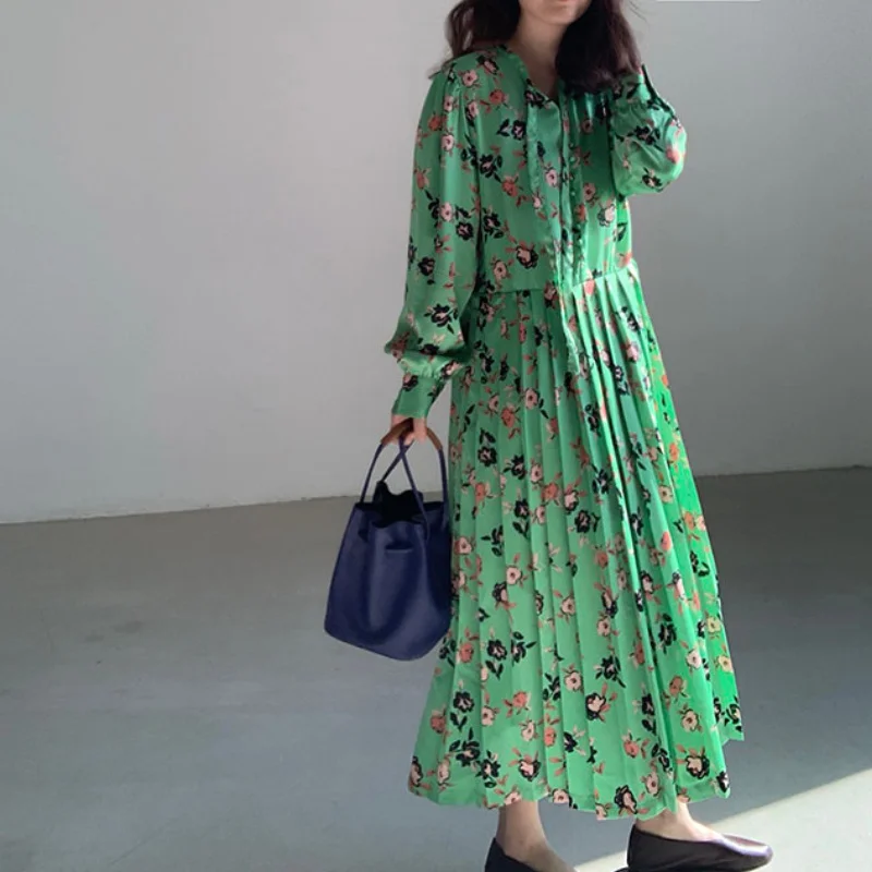 

Spring Autumn Print Pleated Accordion Pleated Lace Dress Loose Green Robe Long Sleeve Single Breasted Harajuku Vestido New 2021