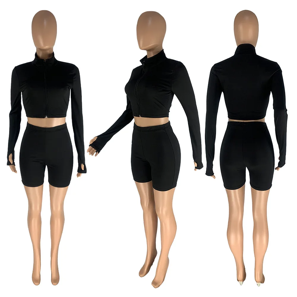 

2021 Summer Female Outdoor Sports Jogging Suit Soild Zipper Thumbtack Revealing Long-sleeved Top + Biker Shorts Two Piece Set