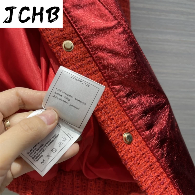 

Sheepskin Trends High-street Women 2021 O-neck Bright Leather Stitching Red Loose Fashion Baseball Jackets Coats