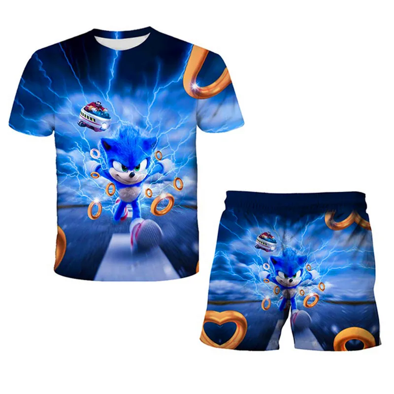 

New 2021 Kids Boys Sonic Clothing Sets Summer Cartoon Crocodile Short Sleeve O-Neck T-Shirt Tops with Shorts Girls Sports Sets