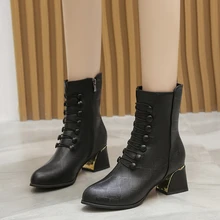 Bottes de neige à talon moyen et épais pour femme, bottes courtes à bout carré, Double boutonnage, en velours, grande taille, collection hiver 2021  (4)