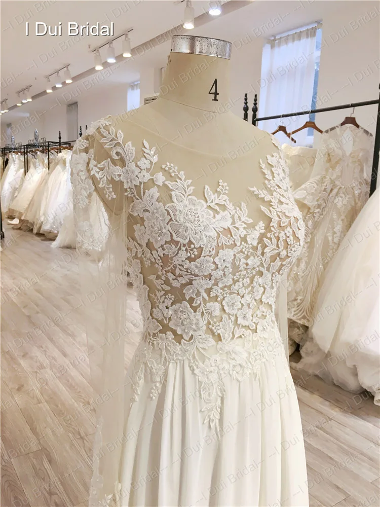 Long Sleeve Illusion Corset Wedding Dress with Floral Lace Appliqued Beaded Chiffon Skirt A Line Bridal Gown