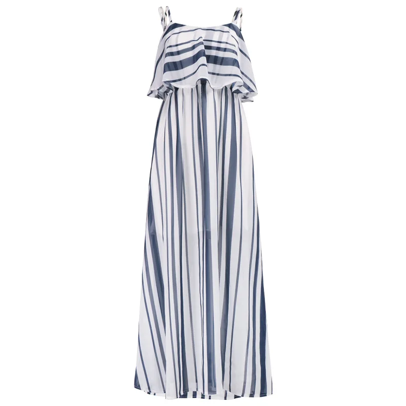 

QRWR Summer Sexy Sleeveless Spaghetti Strap Women Dress Off Shoulder Ruffles Dress Fashion Striped Loose Ankle Dress Women