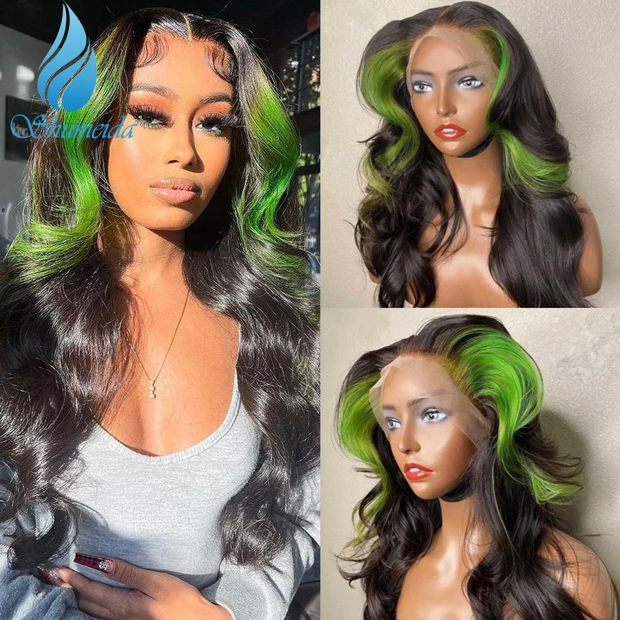 

Shumeida хайлайтер зеленый цвет 13x 4 кружевные передние человеческие волосы парики для женщин бразильские волосы Реми без клея парик с детскими ...