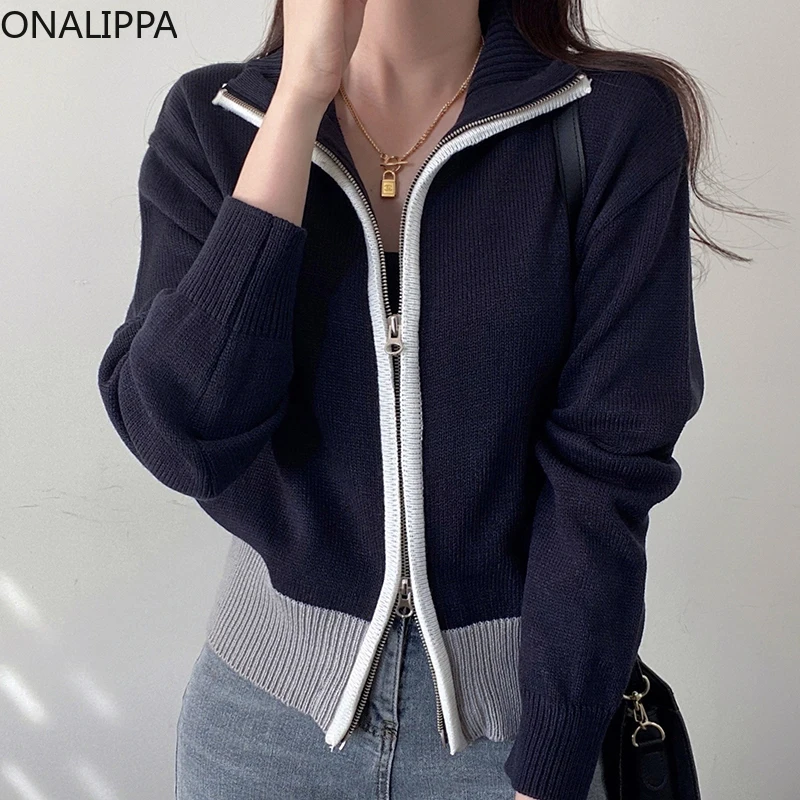 

ONALIPPA High Neck Sweater Korean Women All-Match Double Zipper Design Color Matching Loose Long-Sleeve Knitted Cardigan Jacket