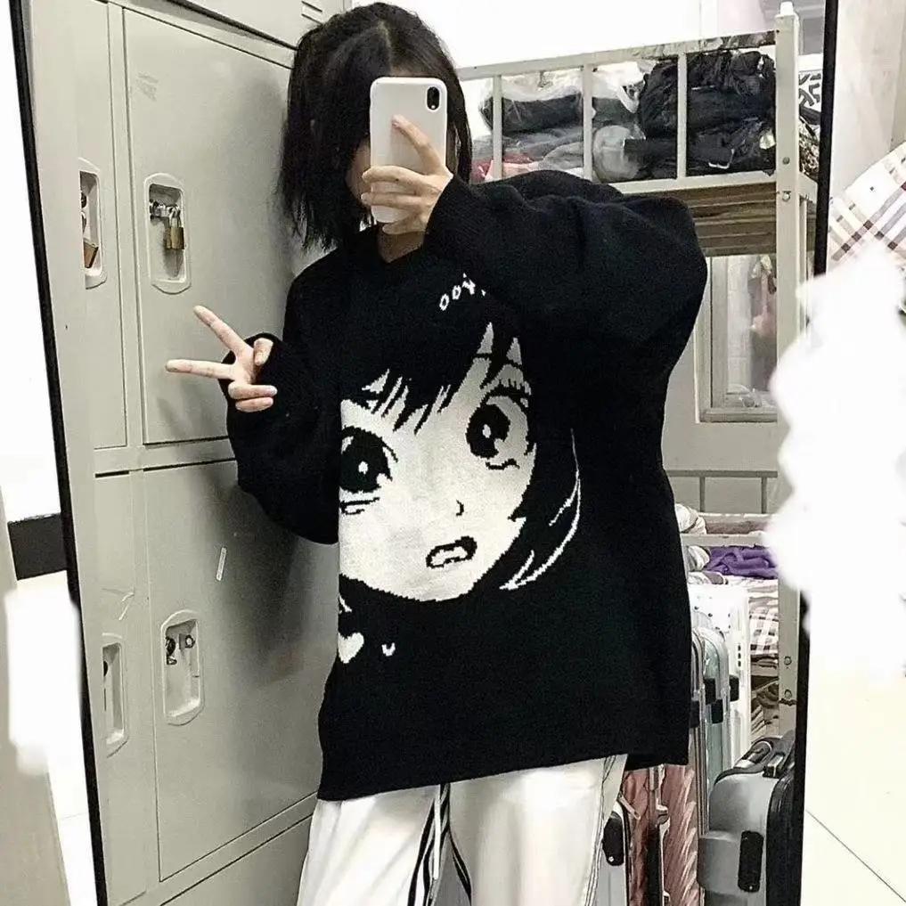 

College Holiday Female New Spring Kawaii Lovely Girls Cartoon Student Loose Japanese Black Girl Fashion New Long Sleeve Top