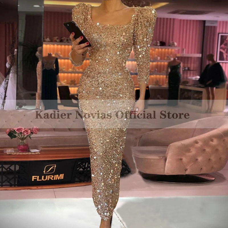 

KADIER NOVIAS Luxury Women's Ankle Length Champagne Crystals Evening Dress with Sleeves Formal Prom Party Gowns