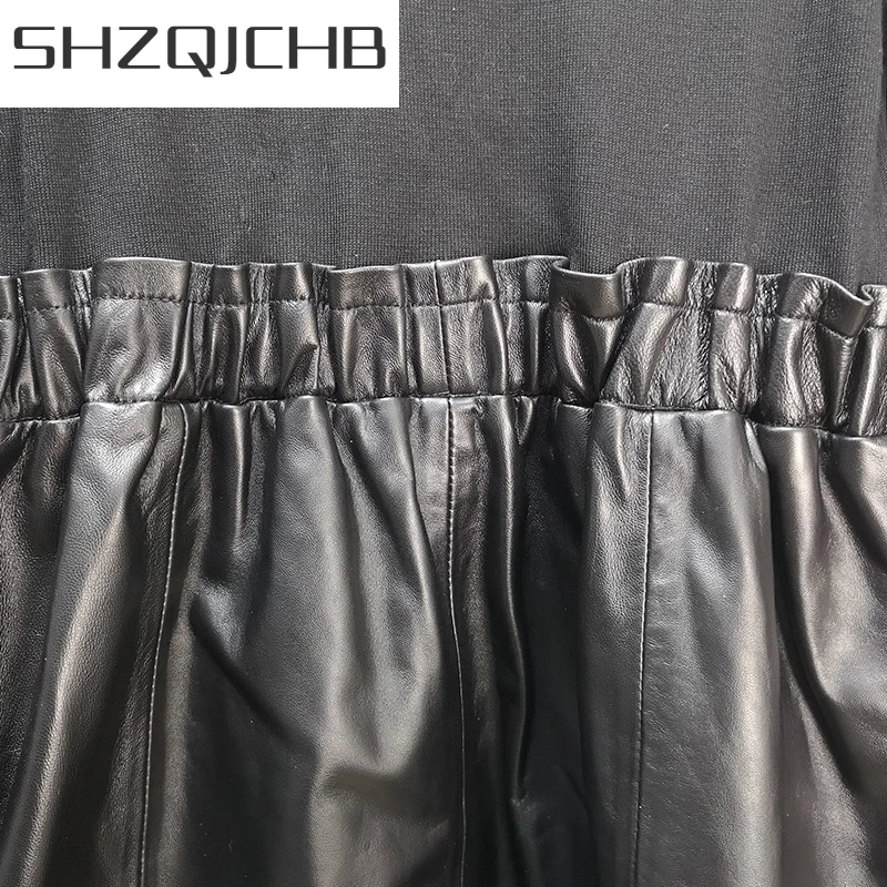 

JCHB 2021 Women Stretchy Knitted Patchwork Sheepskin Genuine Leather Dress Casual Short Turtleneck Long Sleeve Elastic Waist Lad
