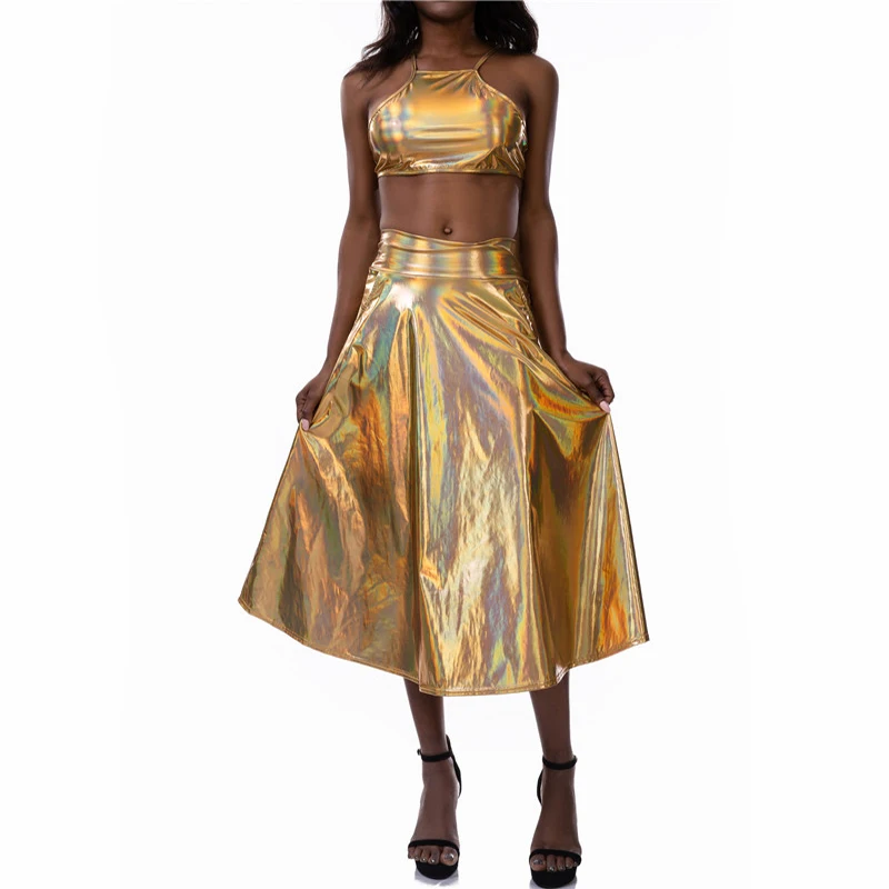 Shiny Holographic Two Piece Set Women Halter Criss Cross Bandage Crop Top Wet Look Sexy Long Skirt Party Night Club 2 Pcs Outfit | Женская