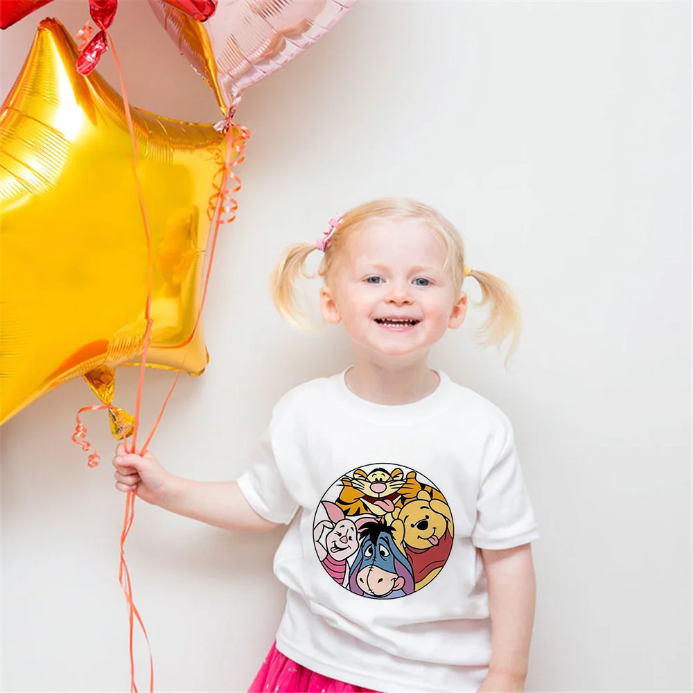 

Summer Disney Children Cartoon Winnie The Pooh Happy Gifts Baby Girl Short Sleeve Kids T-Shirt Kawaii Tee White Casual Tops