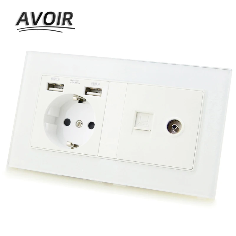 

Avoir DE EU Plug Wall Socket Dual USB, RJ45, TV Port Double Socket Power Outlet Glass Panel LED Indicator 146mm*86mm