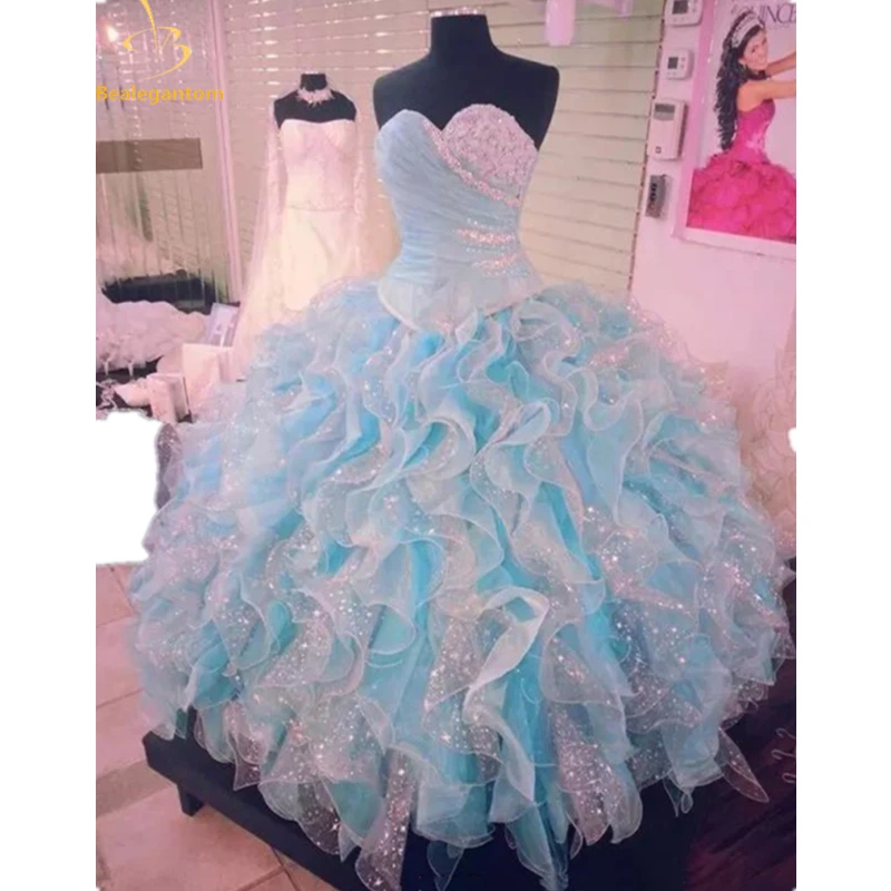

Bealegantom Light Sky Blue Beaded Ball Gown Quinceanera Dresses Sweetheart Pleated Prom Gowns Organza Ruffled Sweet 16 Dress