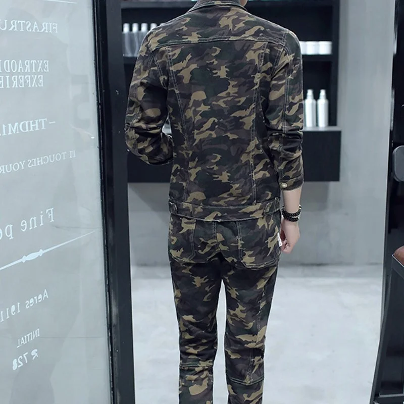 New Spring Fashion Mens Sets Military Camouflage Long Sleeve Man Jeans Coat Biker Elasitc Waist Full Length Denim Trousers