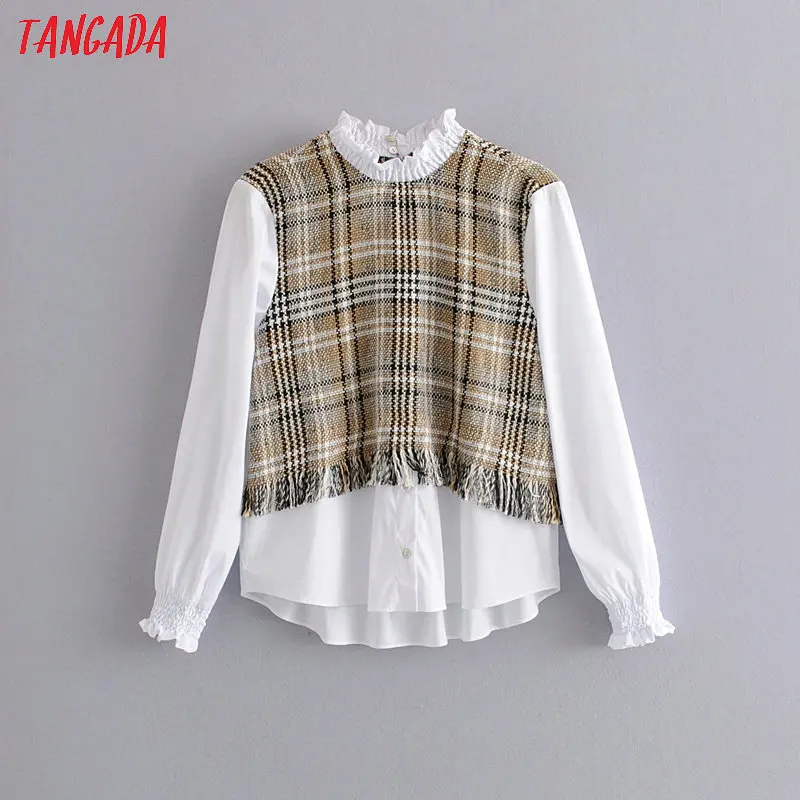 Tangada women plaid patchwork white blouse ruffle neck long sleeve sweet chic female casual shirt blusas femininas 6A167