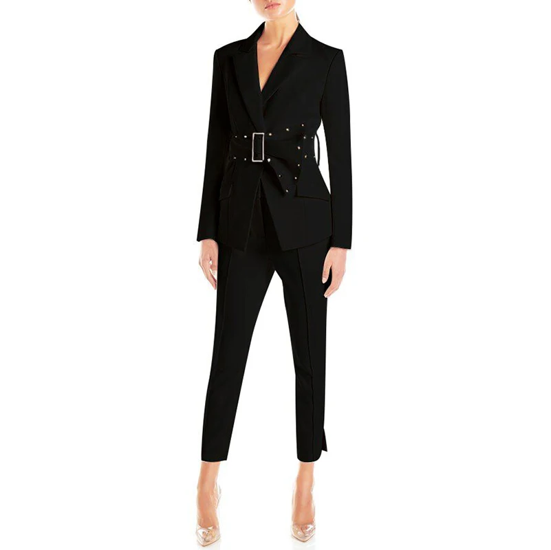 INDRESSME Модный комплект из двух предметов, v-образный вырез, длинный рукав, золотистая Пряжка, блейзер с поясом, прямые брюки, новинка, женские костюмы