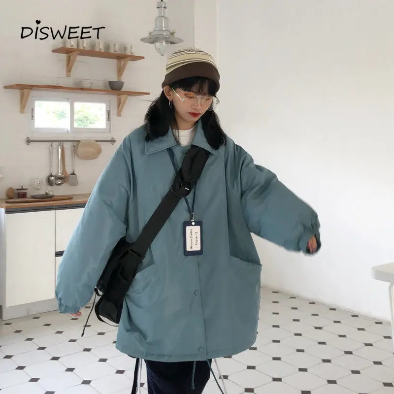 Thicken Solid Parkas Woman College Style Loose Long-sleeved Single-breasted Parkas Women Winter Warm Slim Women\'s Jacket 2022