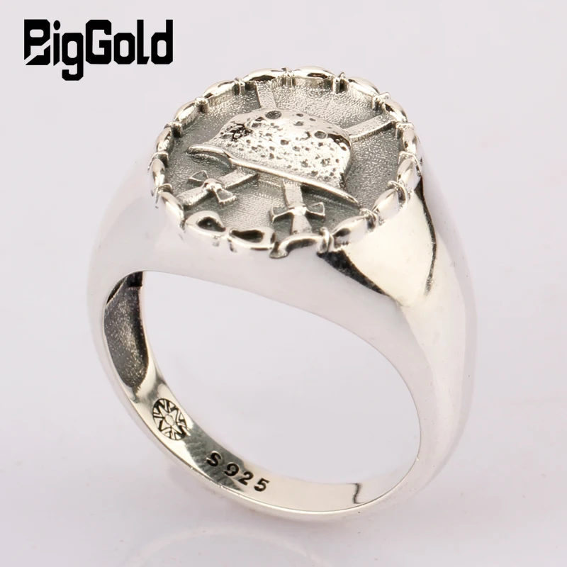 

Pure 925 Sterling Silver Do Old Punk Oval Shape Soldier Army Hat with Two Swords Design For Men Gothic Fashion Souvenir Jewelry