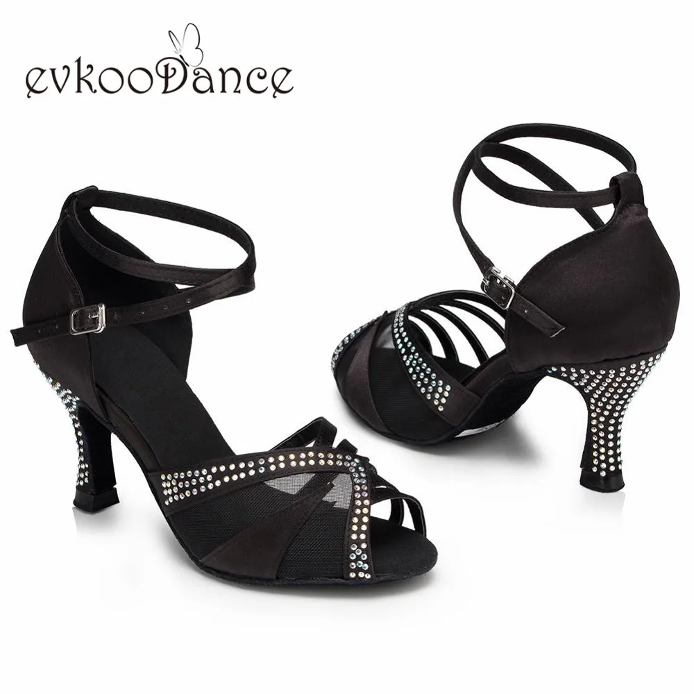 Фото Женские атласные туфли Evkoodance, черные/коричневые/красные туфли для латиноамериканских танцев, размер us 4-12, высота каблука 7 см, профессиональная фотообувь №1
