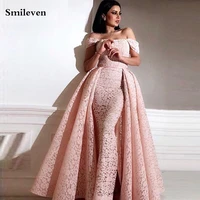 smileven lace pink moroccan caftan off the should evening dress with detachable train sexy formal party dress