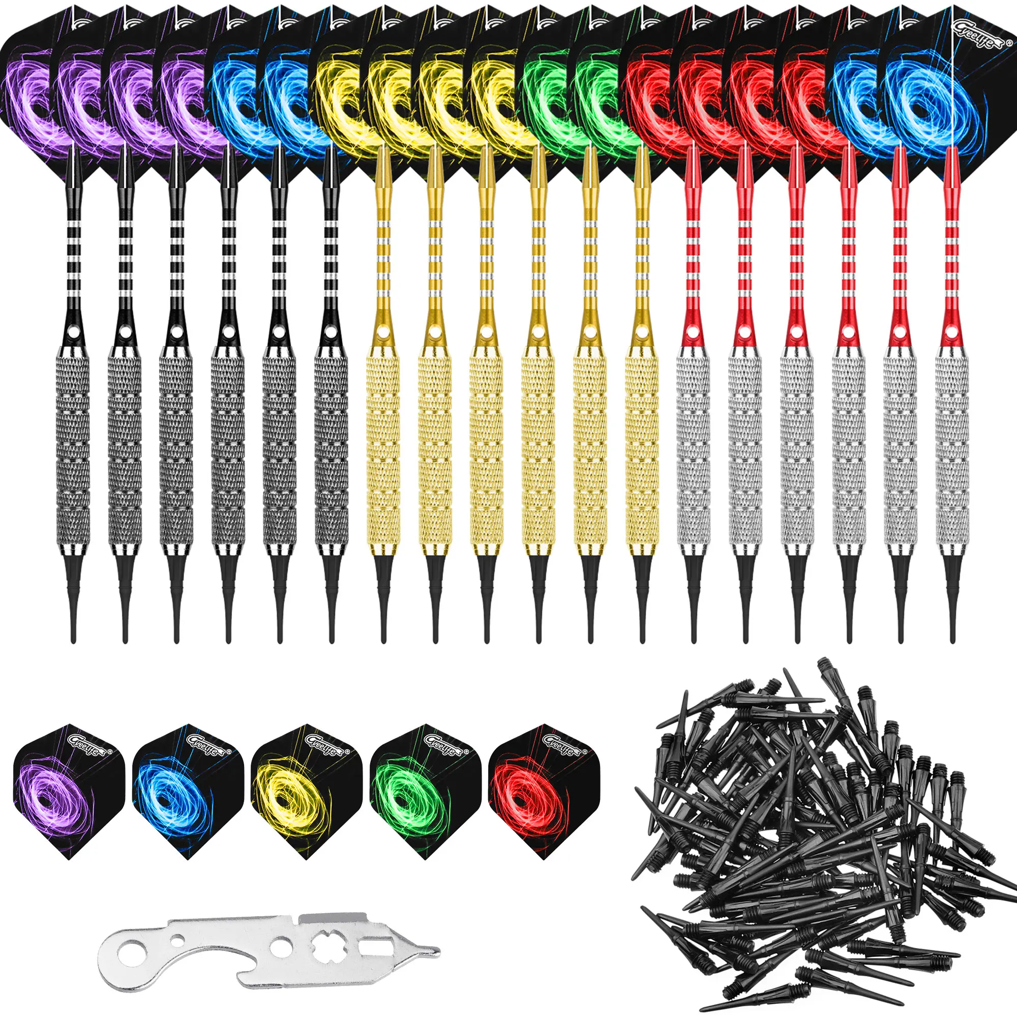 

CyeeLife 18g Soft tip darts 18 Packs,18 Aluminium Shafts+20 Flights+100 Plastic Points+Tool+Rubber Rings