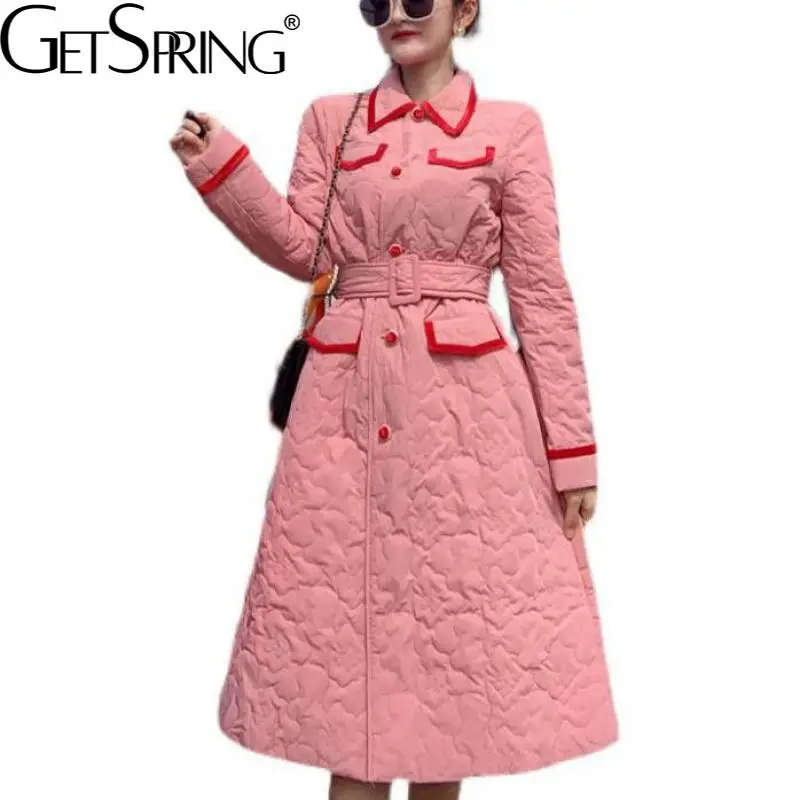 

Getspring Women Parkas Bandage Plus Size Pink Winter Coats And Jackets Vintage Fashion Warm Lining Long Parka Overcoat 2021 New