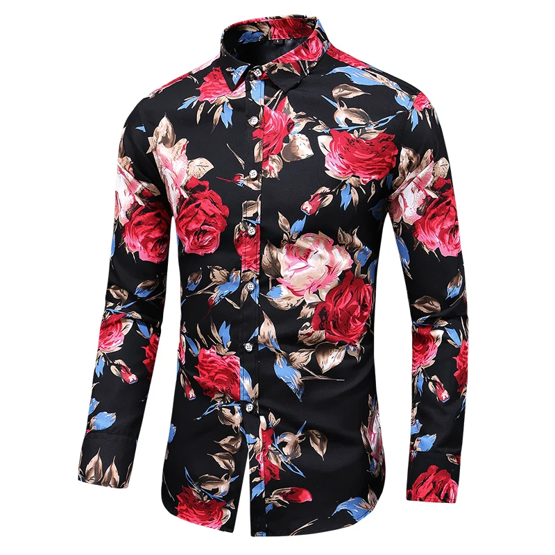 

Men's Floral Shirt Plus Size 6XL 7XL Shirt Valentine's Day Print Long Sleeve Slim Tops Basic Vintage Beach Hawaiian Shirt Men