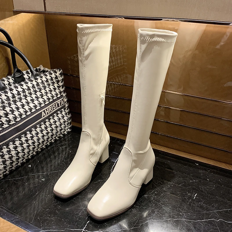 

Новинка Осень-зима 2022, Сапоги выше колена на высоком каблуке, облегающие привлекательные женские зимние сапоги, однотонные, Лидер продаж