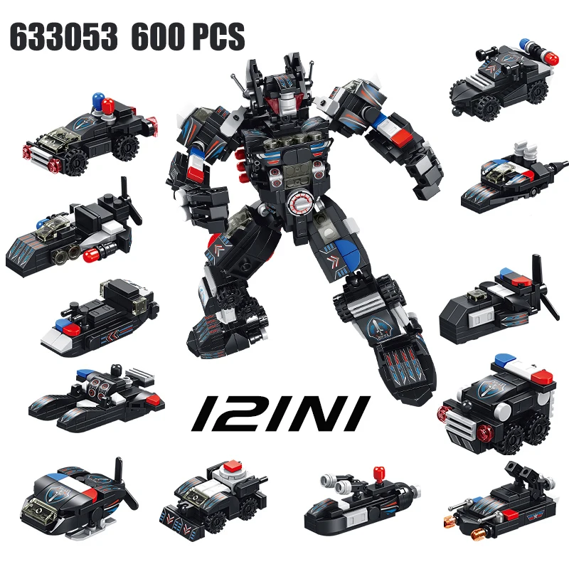 

600 PCS City Police 12 IN 1 SWAT Transformation Mech Car Robot Model Helicopter Building Blocks Children's Toy Gift Small Bricks