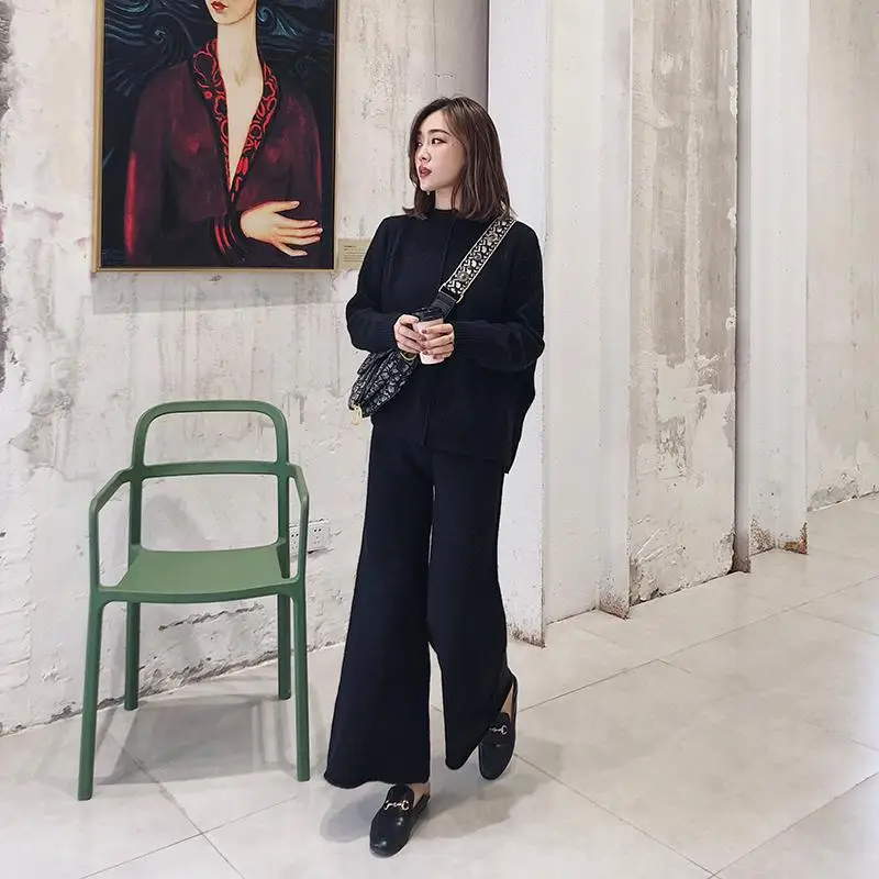 

The drape knitting wide-legged pants suit two-piece women winter cashmere sweater wide-legged pants western style suits
