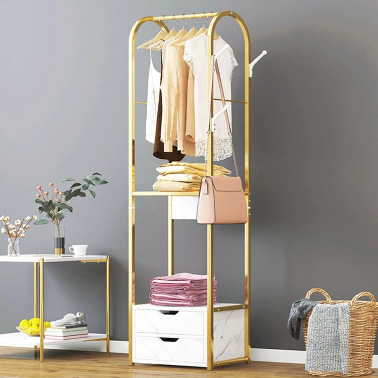 Bedroom furniture standing coat rack 2 drawers clothes storage floor hanger golden frame marble texture MDF drawer wardrobe | Мебель