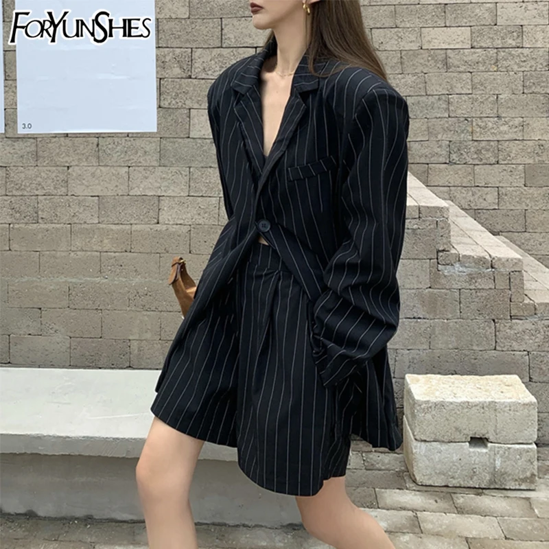 

Women Striped Print Loose Long Blazer Jacket+Wide Leg Shorts Suits Outfits Korean Fashion Lazy Chic Casual Vintage Two Piece Set