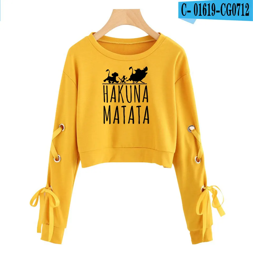Yellow Одежда с рукавами «Король Лев» хакуна матата, ажурные толстовки с капюшоном и бантиком, Женская хлопковая толстовка, сексуальный укороченный топ, одежда - Цвет: Yellow