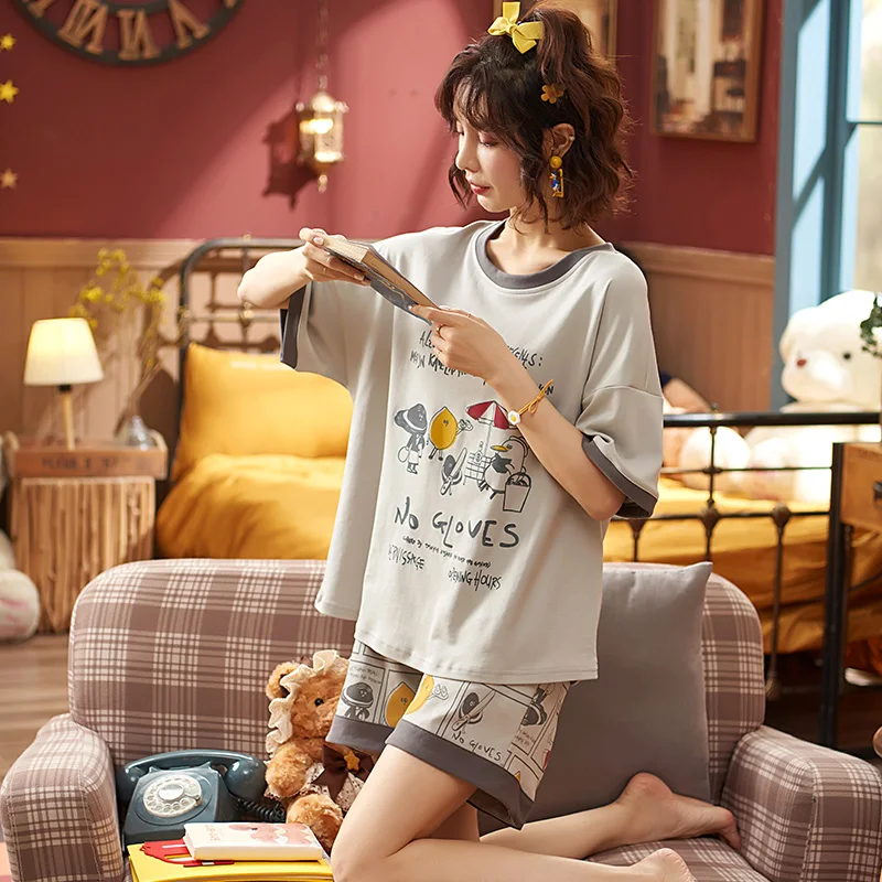 

Funny Cartoon Pajamas Set Women Cotton Leisure Gray Short Sleeve Sleepwear Summer Korean Fashion O-Neck Plus Size Girls Homewear