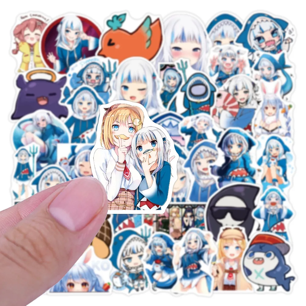 Pegatinas de dibujos animados Kawaii Anime Girl Gawr Gura, calcoman&iacute;as impermeables de tibur&oacute;n, pegatina para patineta para guitarra port&aacute;til, 50 Uds.-3