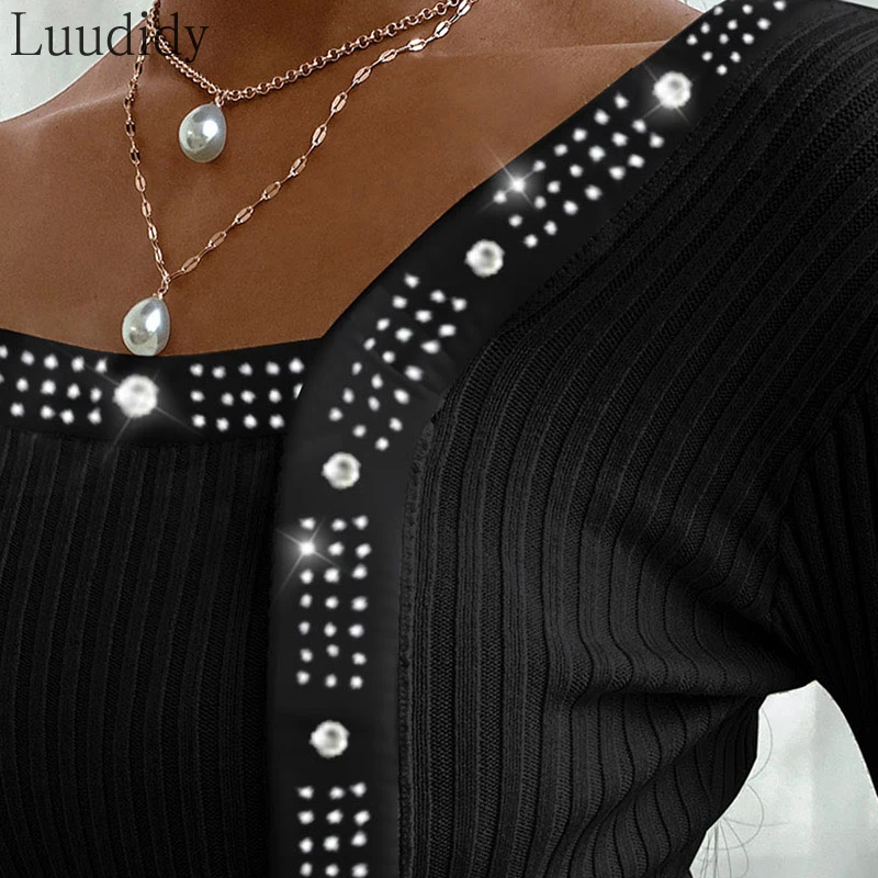 

Women Fashion Long Sleeve Pullovers Sweaters Casual Studded Design Knit Sweater