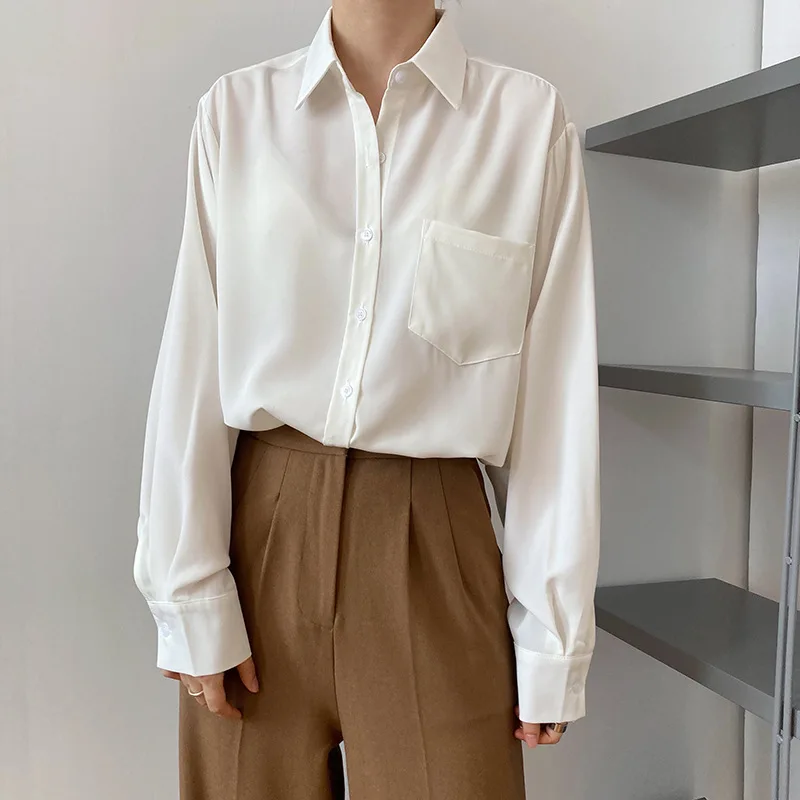 

Long Sleeve Chiffon Shirt Women's Autumn Front Pocket 2020 New Salt Solid Color Shirt Tops