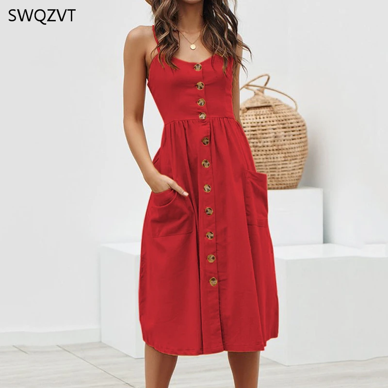 Женское платье без рукавов повседневное однотонное средней длины с v образным