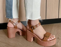 dipsloot fashion woman brown beige cow leather 9 cm chunky heels sandals ladies 4 cm platform one line buckles sandals shoes