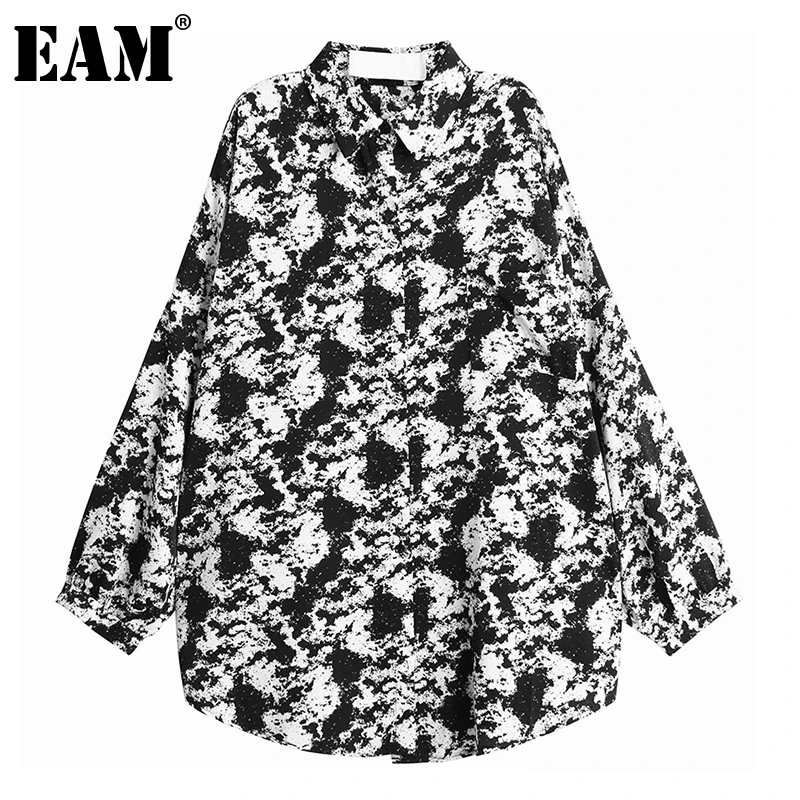 

[EAM] Women Black Print Irregular Big Size Blouse New Lapel Long Sleeve Loose Fit Shirt Fashion Tide Spring Autumn 2022 1DD7483