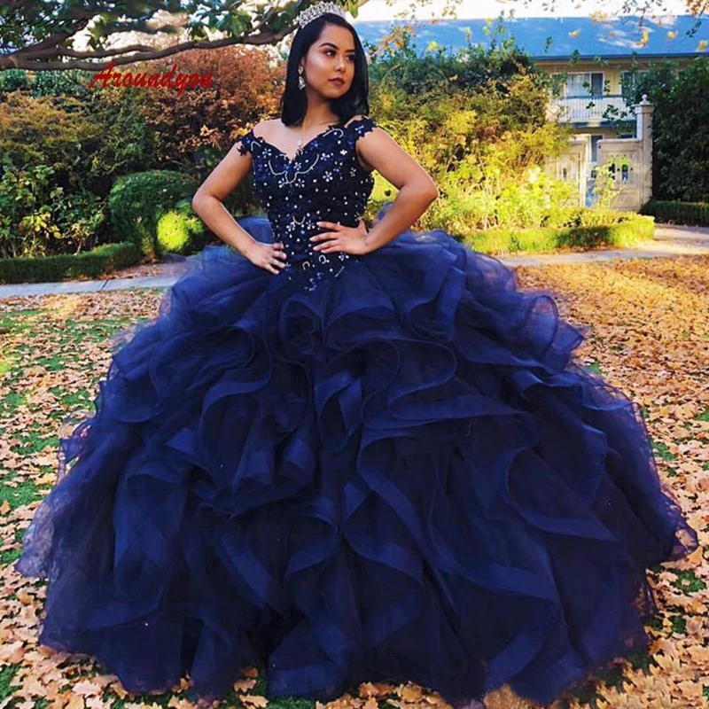 

Navy Blue Quinceanera Dresses Ball Gown Puffy Plus Size Ruffle Prom Debutante Masquerade Sweet 16 Dress vestidos de 15 anos